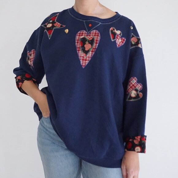 Navy Heart Pattern Women's Sweater - Picture 1 of 11